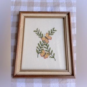 Vintage framed butterfly cross stitch picture retro cottage core yellow fall